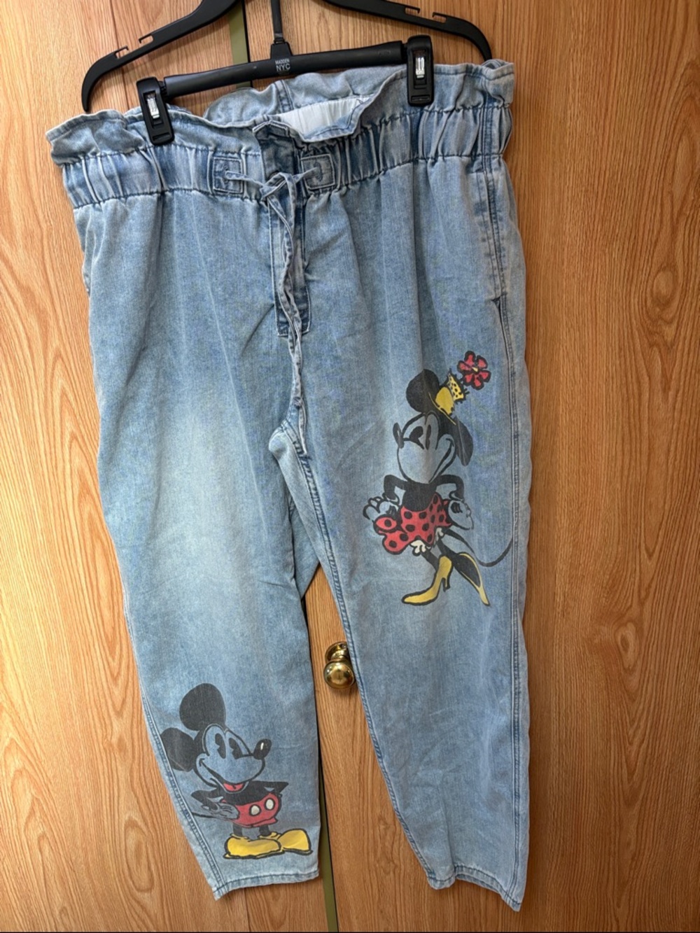 Disney Light Blue Denim Jogger Pants with Mickey & Minnie Prints